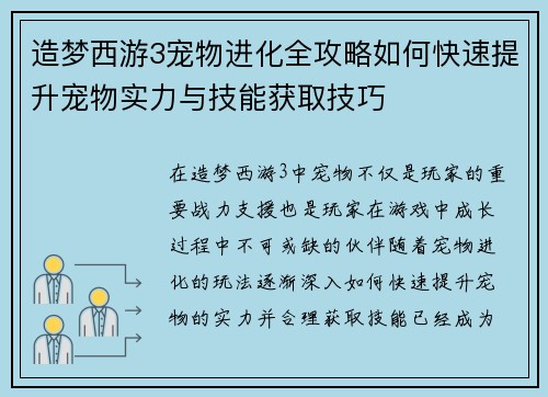 造梦西游3宠物进化全攻略如何快速提升宠物实力与技能获取技巧
