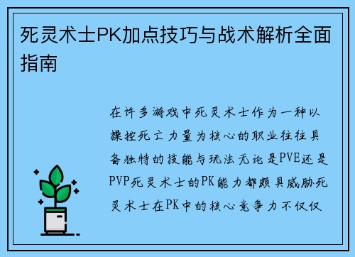 死灵术士PK加点技巧与战术解析全面指南
