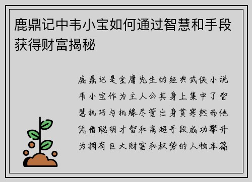 鹿鼎记中韦小宝如何通过智慧和手段获得财富揭秘